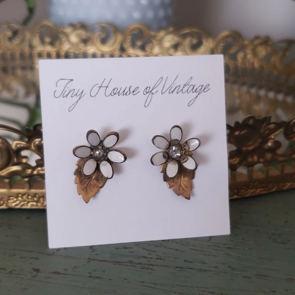 Antique Vintage Reworked Enamel Floral Rhinestone Stud Earrings - Picture 2 of 5